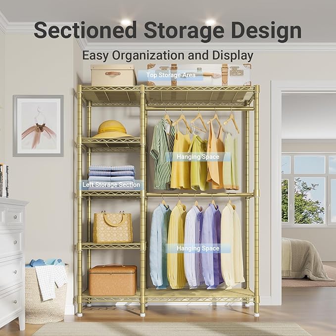 VIPEK V7 Clothes Rack Heavy Duty Max Load 670lbs, Garment Rack with 5 Tiers Adjustable Shelves Portable Closet Metal Sturdy Wardrobe Storage System for Walk-in Closet, Bedroom, Small Space (Gold)
