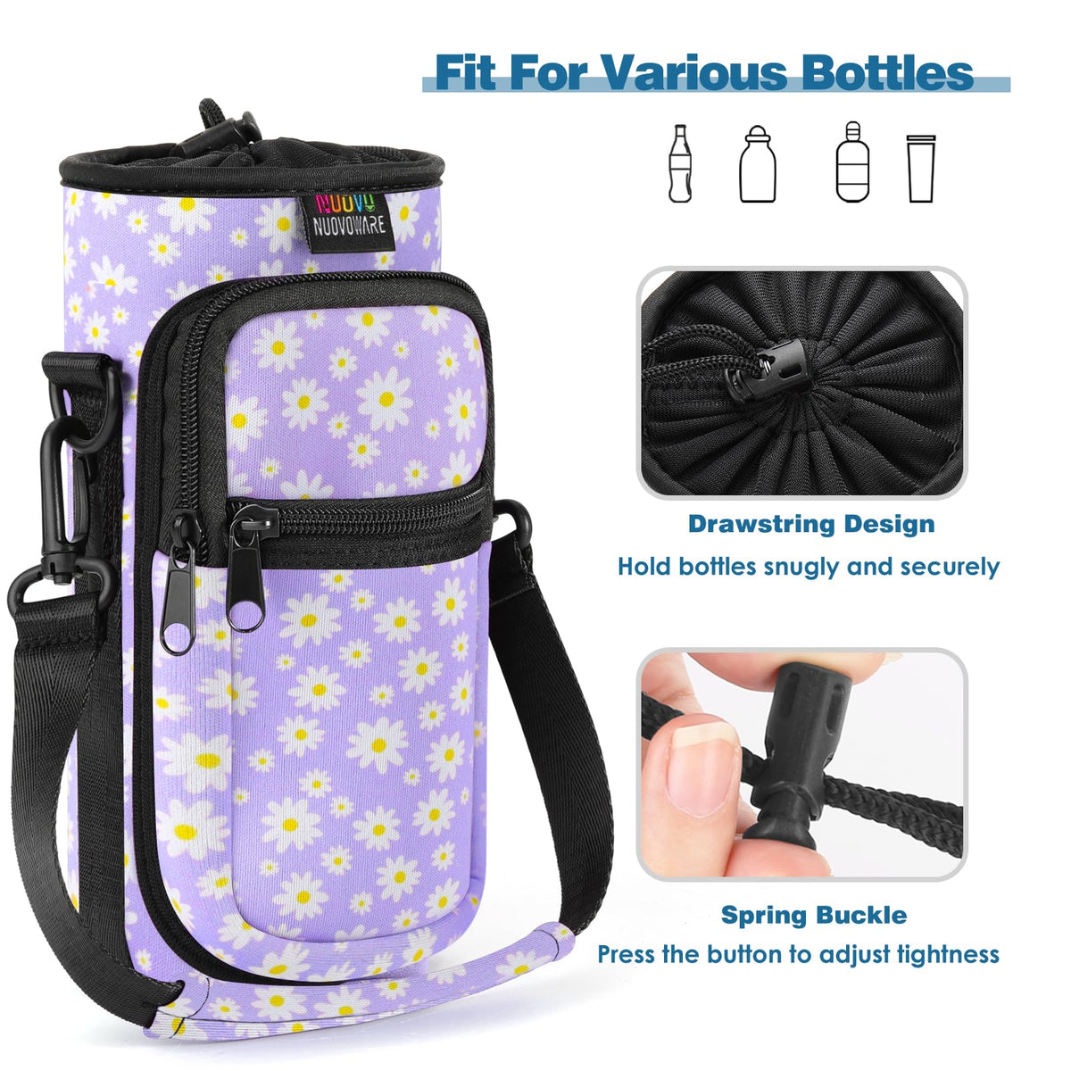 Nuovoware Water Bottle Carrier Bag, 25oz/32oz Bottle Pouch Holder, Adjustable Shoulder Hand Strap 2 Pocket Sling Neoprene Sleeve Sports Accessories for Hiking Travelling Camping, PurpleDaisy