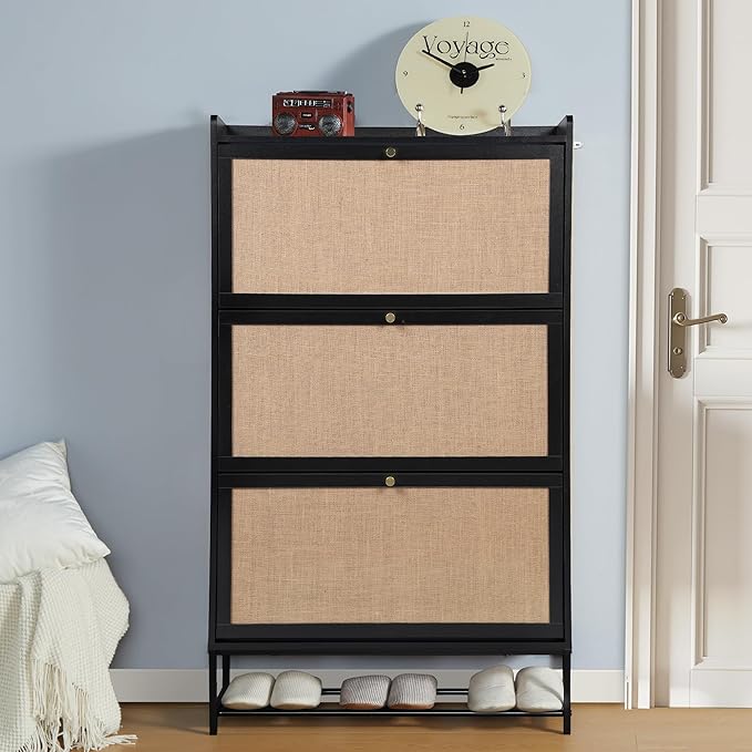LEVNARY Shoe Storage Cabinet with 3 Flip Drawers, Freestanding Shoe Cabinet Storage Organizer for Entryway, Wooden Narrow Shoe Racks Cabinet with Metal Legs for Hallway (Black)