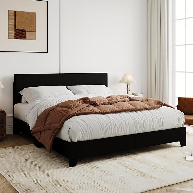 Allewie Queen Bed Frame with Adjustable Headboard, Faux Leather Platform Bed with Wood Slats, Heavy Duty Mattress Foundation, No Box Spring Needed, Noise-Free, Easy Assembly, Black