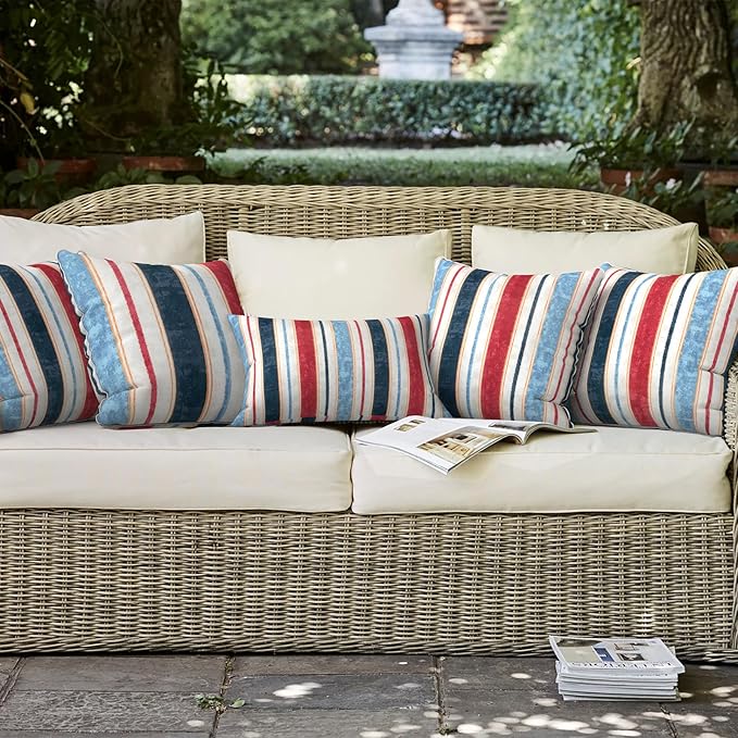 LVTXIII Set of 2 Patio Throw Pillows Waterproof 16"x16" Fade Resistant Outdoor Throw Pillows with Inserts, Fluffy Decorative Garden Toss Pillow Cushions for Home Patio Coach Sofa Use, Stripe Red Blue