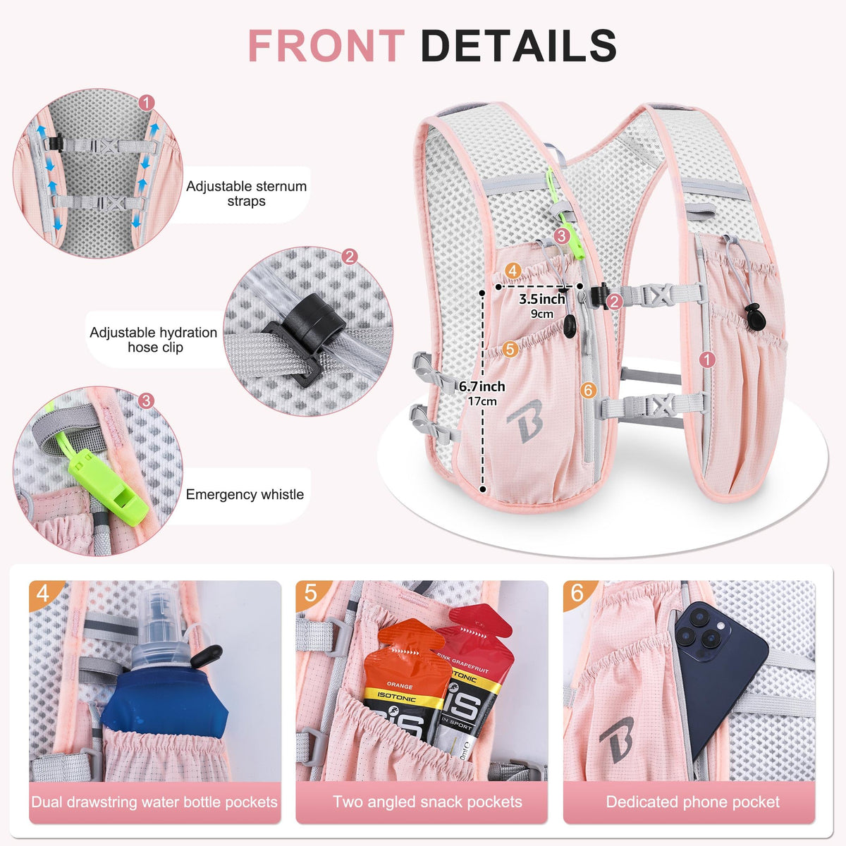 BECOJADDE Running Vest Hydration Backpack with Two 500ML Soft Water Bottles for Men Women, 5L Lightweight Running Pack Hydration for Marathon, Trail, Cycling, Hiking, Jogging Pink