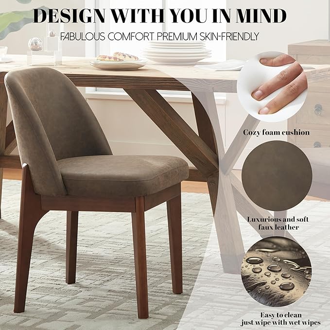 VKNOW Modern Dining Chairs Set of 6, Faux Leather Kitchen Chairs with Wood Legs, Upholstered Side Chair for Kitchen Dining Room, Dark Brown
