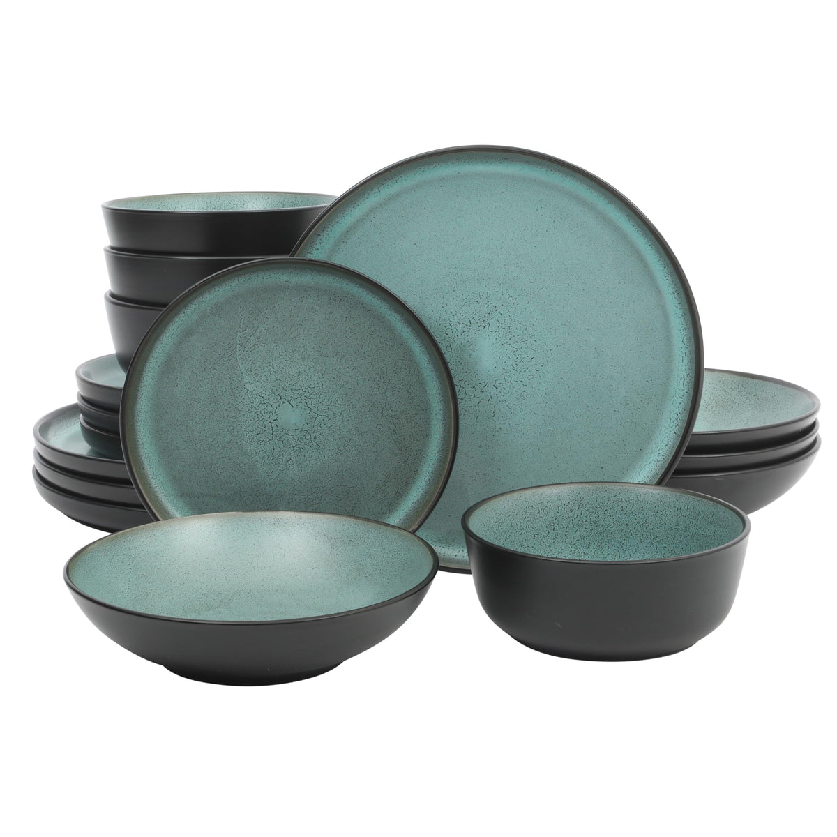 Gibson Elite Mayfair Bay 16-Piece Embossed Double Bowl Dinnerware Set, Service for 4 – Blue Stoneware Plates and Bowls
