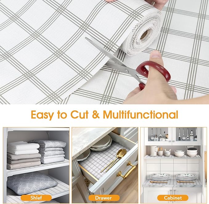 Shelf and Drawer Liner for Kitchen Cabinets Non-Adhesive, Strong Grip Non-Slip Thickened Cabinet Liners for Shelves, Waterproof Mats for Dresser Cupboard, White Square, 23 in x 30 Feet