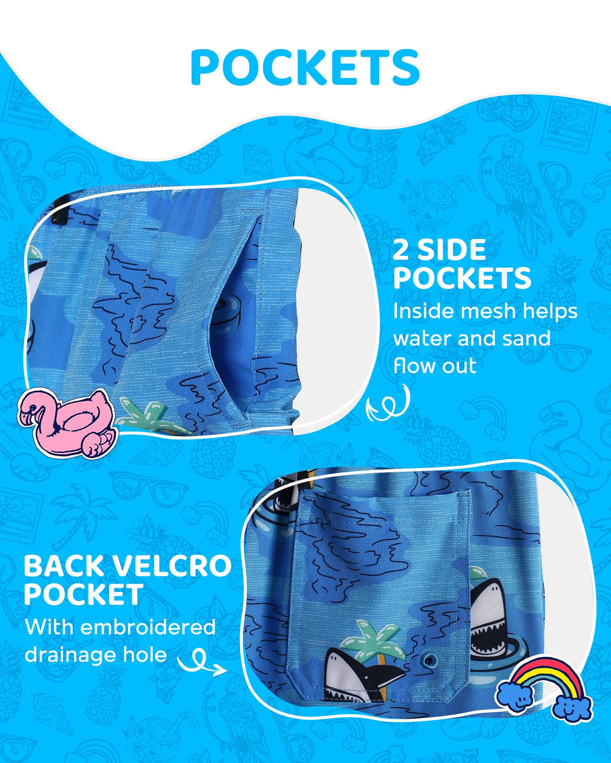 maamgic Boys Swim Trunks with Compression Liner Toddler Boy Swimsuit Quick Dry 4-Way Stretch Swimming Trunks Swim Ring Shark Blue 4T