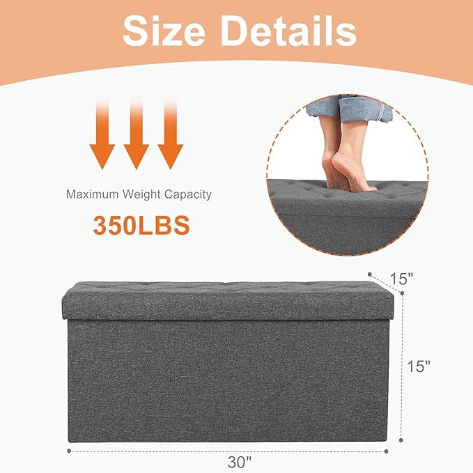 30 Inches Folding Storage Ottoman Bench, Ottoman Foot Rest, Storage Chest, End of Bed Foot Rest Stool with Padded Seat for Living Room, Bedroom, Entryway, Support 660lbs, Linen, Grey