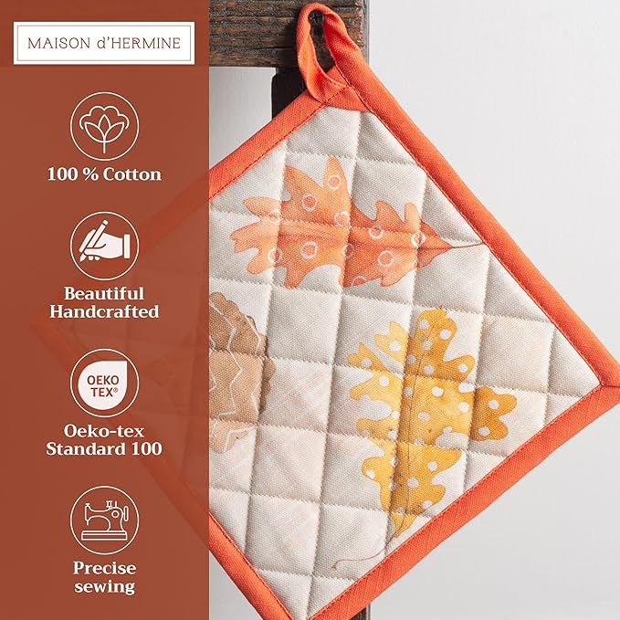 Maison d' Hermine Pot Holders Set 100% Cotton Heat Resistant Potholders 8" x 8" Hot Pads with Loop for Thanksgiving Christmas Decorations BBQ Baking Handling Hot Pans (Pack of 2, Colours of Autumn)