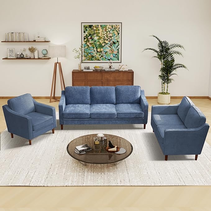 Kingfun Living Room Furniture Sets, 3 Seater Couch, Armchair and Loveseat, Mid Century Modern Sofa Set, Chenille Couch with Solid Wood Frame for Living Room & Bedroom, Light Blue