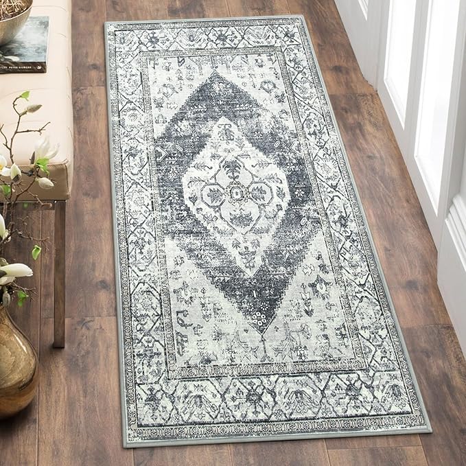 Lahome Boho Hallway Rug Runner - 2x4 Washable Non-Slip Small Bathroom Runner, Oriental Distressed Untra-Thin Carpet Rug for Kitchen Entryway Bedroom Laundry Room, Grey