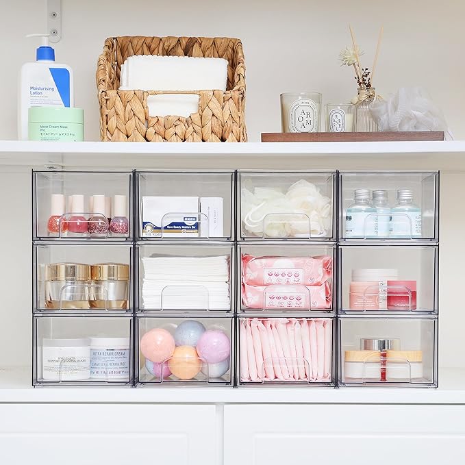 Vtopmart 2 Pack Clear Stackable Storage Drawers, 4.4'' Tall Acrylic Bathroom Makeup Organizer,Plastic Storage Bins For Vanity, Undersink, Kitchen Cabinets, Pantry, Home Organization