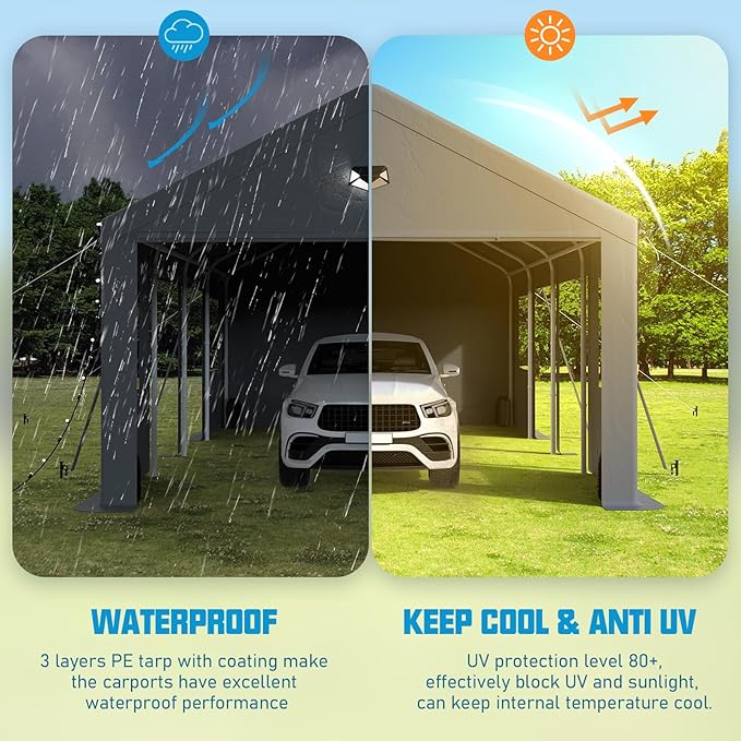 13x25 Carport Canopy, Heavy Duty Car Ports with Sidewalls, Portable Garage Carports with Roll Up Zipper End & Side Doors, Grey
