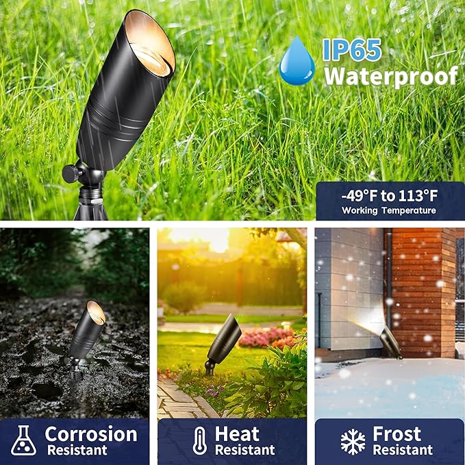 Spot Light Brass - Outdoor Landscape Spotlights LED, 12V Low Voltage Landscaping Uplights, Hard-Wired All Weather Black for Backyard Lawn with No Bulbs (8 Pack)