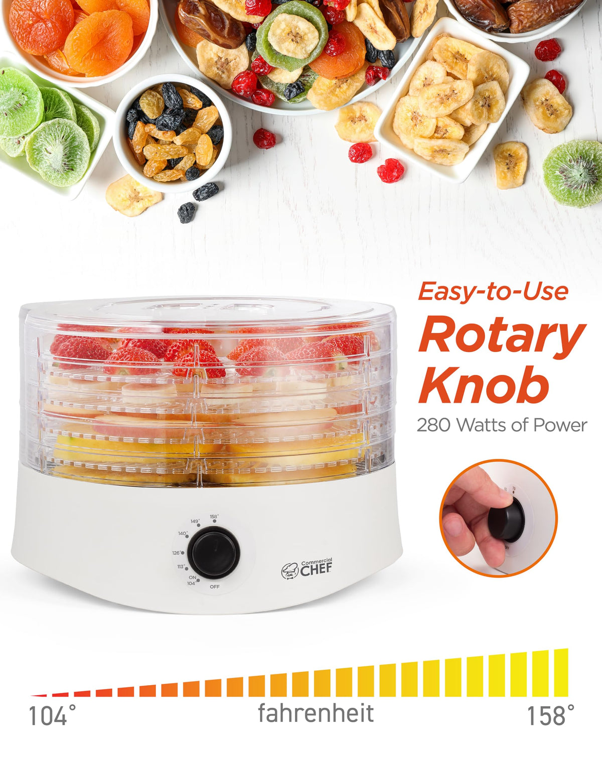 Commercial Chef Food Dehydrator, Five 9.25” BPA-Free Plastic Trays, Dehydrates and Dries Meat, Fruit, Veggies and Jerky, 280W Dehydration Machine, Adjustable Thermostat, CCD100W6, White