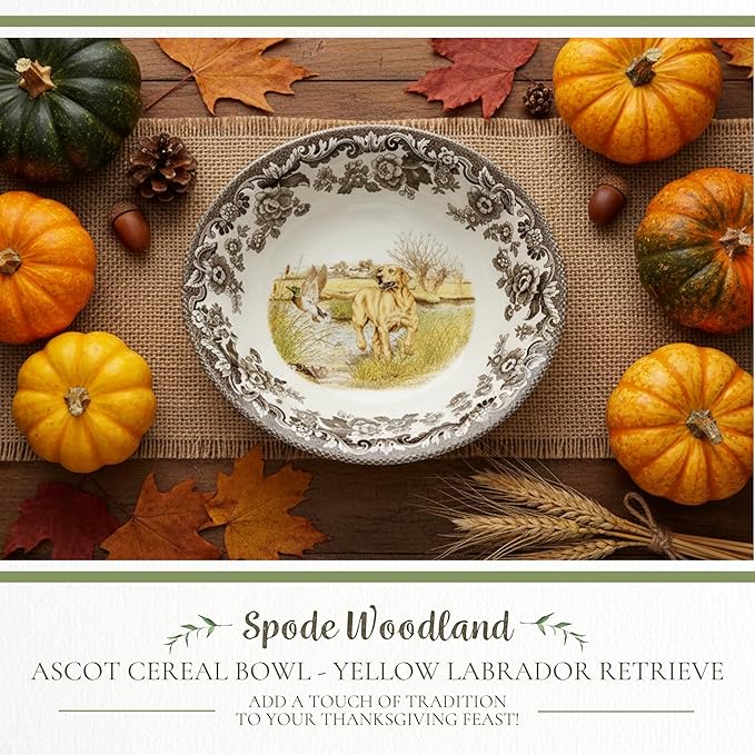 Spode Hunting Dogs Yellow Labrador Retriever 8" Ascot Cereal Bowl - Dog-Themed Rustic Decor, Ideal for Holiday Breakfasts & Collectors, Fine Earthenware - Microwave & Dishwasher Safe, Made in England