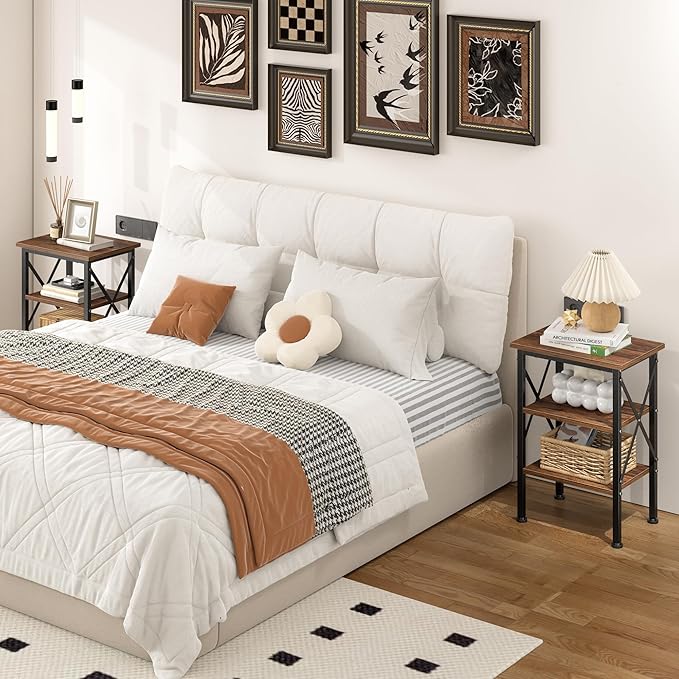VECELO End Table, Bedside Table, 24" Tall Living Room End Tables, X-Design Reinforced Nightstands, Side Table with 3-Tier Storage Shelves for Small Spaces, Office, Bathroom, Bedroom, Rustic Brown