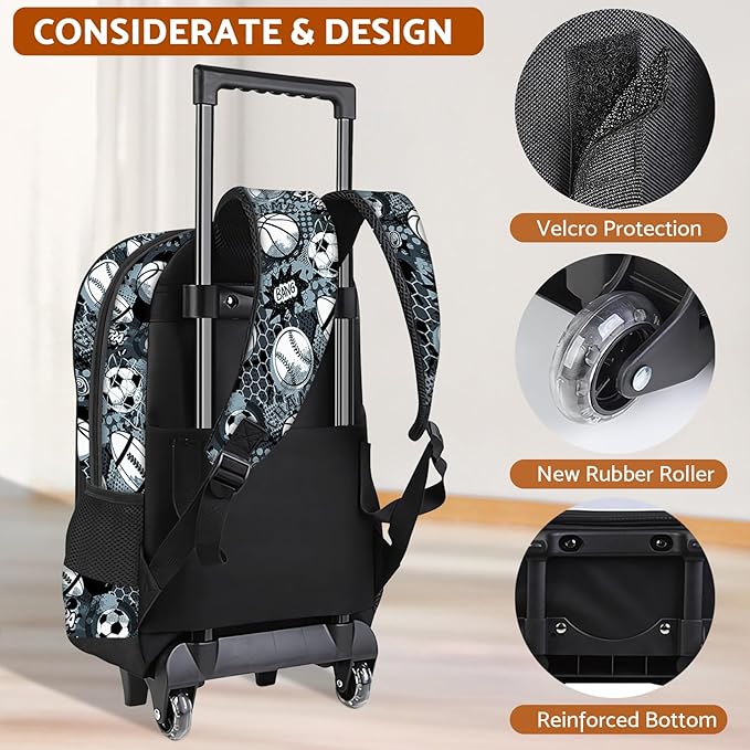 American Football Rolling Backpack for Boys - 3PCS Boys Rolling Backpack with Lunch Box Set for Kids Children Teens Elementary Middle School,Sport Roller Bookbag with Wheels for Age 6-18