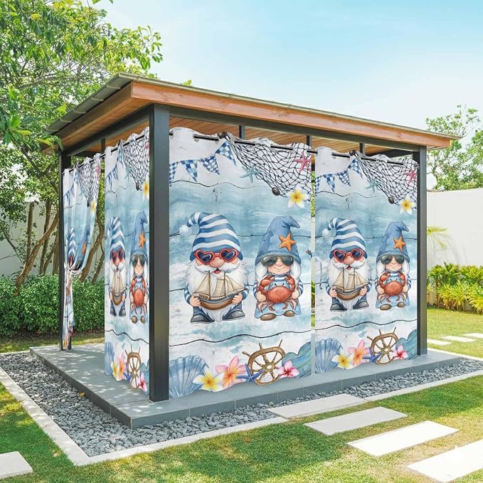 Ocean Gnome Outdoor Curtains for Patio Summer Marine Plumeria Shell Wood Blue