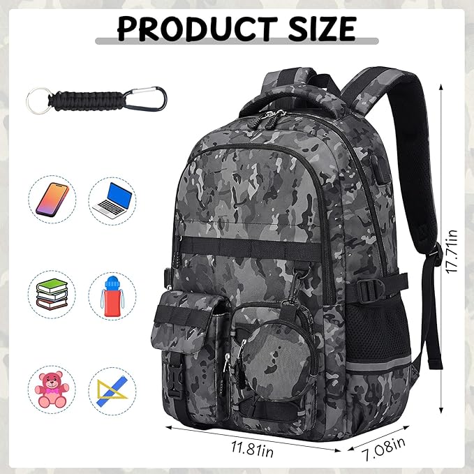 School Backpack for Boys - Camo Boys Backpack for Kids Teens Elementary, Middle & High School Bookbag Daypack with Camouflag Design,18″ Large Capacity with Usb Charging Port & Key-chain