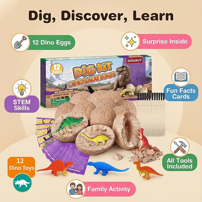 Easter Dino Eggs Dig Kit, 12 Pack Dinosaur Eggs Excavation Science Experiments Kits for Kids 4-12, Easter Basket/Stocking Stuffers, Toys for 3+ 4 5 6 7 8 9 10 Year Old Boys Girl