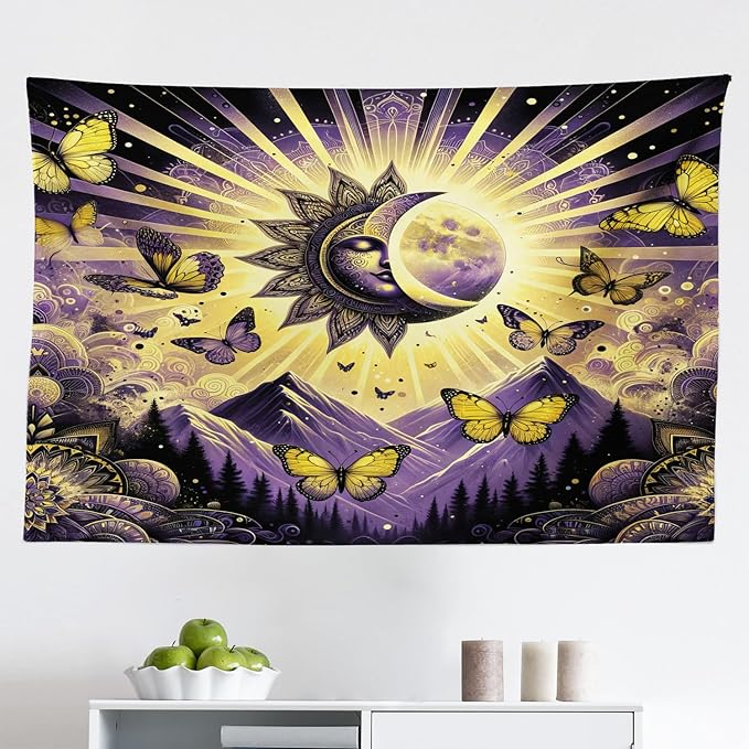 Ambesonne Boho Tapestry, Sun and Moon Art Concept Esoteric Mountain Scene with Dancing Butterfly, Fabric Wall Hanging Decor for Bedroom Living Room Dorm, 45" X 30", Violet Mustard Dark Grey