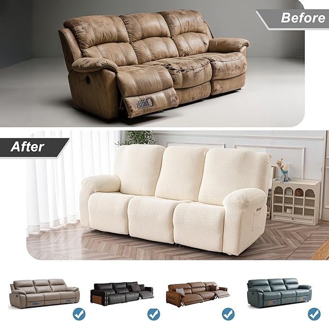 Genina Recliner Sofa Cover Stretch Couch Covers, Sofa Slipcover for Reclining Couch Thick Jacquard Furniture Protector Washable (Beige, 3 Seat)