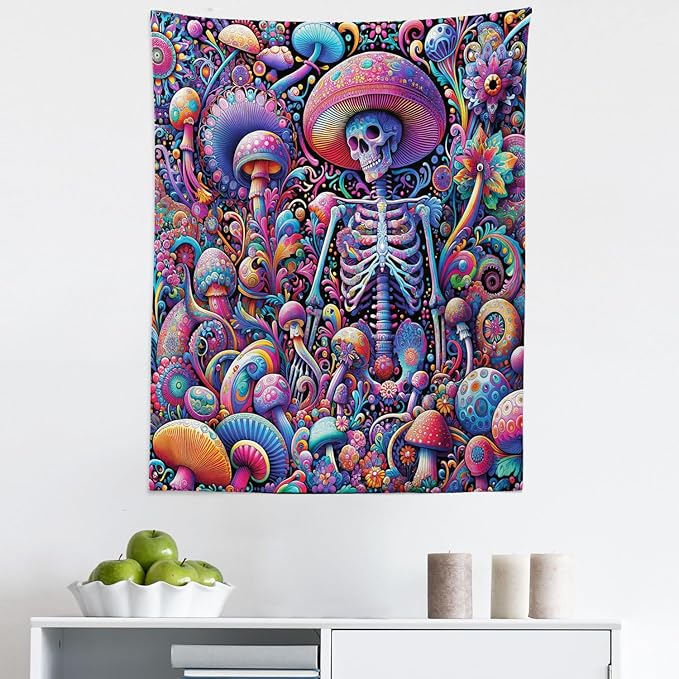 Ambesonne Trippy Tapestry, Rave Tone Psychedelic Skeleton Mushroom Huddles Psychedelic Jungle, Fabric Wall Hanging Decor for Bedroom Living Room Dorm, 23" X 28", Magenta Indigo Multicolor