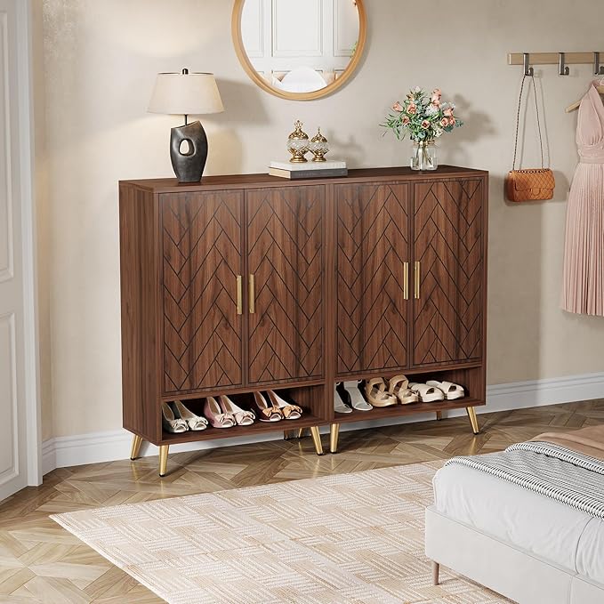 Tribesigns Entryway Shoe Cabinet with Doors, 6-Tier 24 Pairs Wooden Shoe Storage with Adjustable Shelves and Gold Legs for Living Room, Bedroom (Walnut)