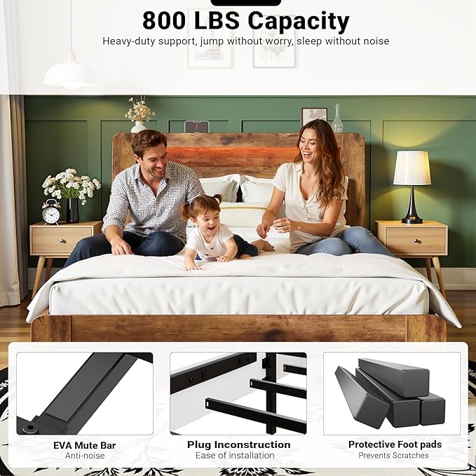 Queen Bed Frame with Headboard, Wooden Platform Bed Frame Queen Size with Bookcase Shelf, LED Lights, Charging Station, Heavy Duty Supports, No Box Spring Needed, Dark Brown