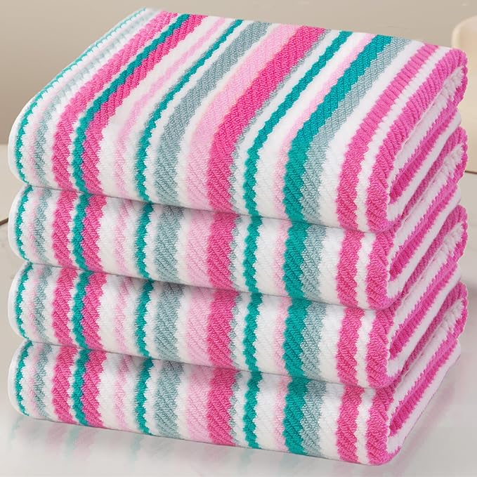VOOVA & MOVAS Cotton Bath Towels Set of 4, 28"x52" - Quick Dry, Soft & Absobent & Lightweight, Luxury Striped Towels with Hanging Loop, Quick Dry Towels for Bathroom, Pink and Teal Stripe