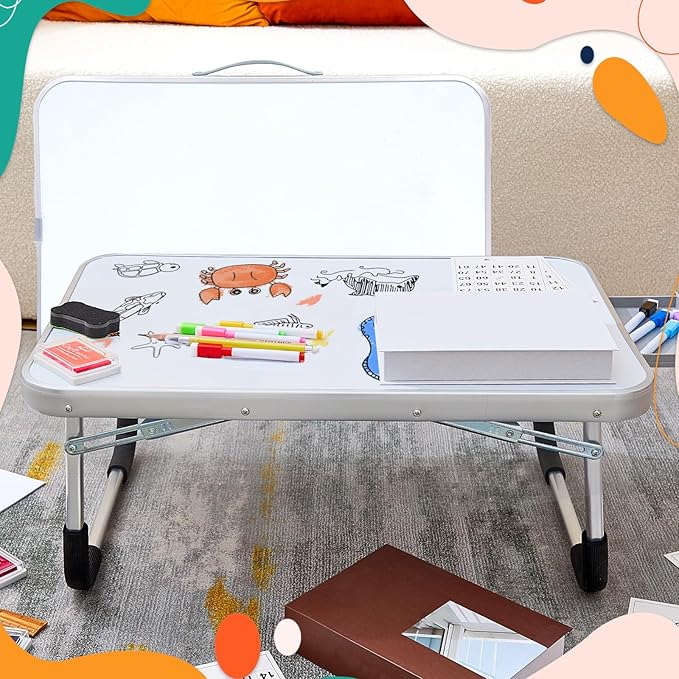 Suzile 2 Pcs Lap Desk with Dry Erase Board, 24"x16" Foldable Study Table with Storage Drawer, Markers & Eraser, Portable Learning Desk for Homeschool, Homework & Drawing, Writing, School Supplies