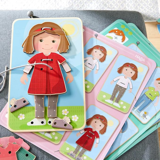 HABA Dress Me Lacing Cards Game - Montessori Fine Motor Skills Toy for Preschool Learning Activities and Kindergarten Toys with 36 Wooden Pieces