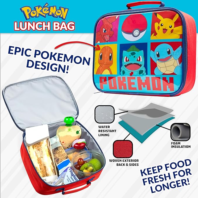Pokemon Insulated Lunch Bag with Lunch Box Water Bottle Set for Kids 3 Piece School Snack Bag Pikachu Gifts for Kids (Red/Blue)