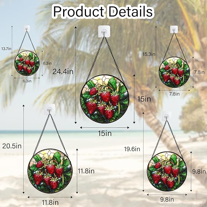 Stained Glass Suncatcher, Red Strawberry Green Leaf Sun Catcher Silver Background Stain Glass Window Hanging Decoration Mother's Day Birthday Gifts for Women Men Mom Nana 11.8 in