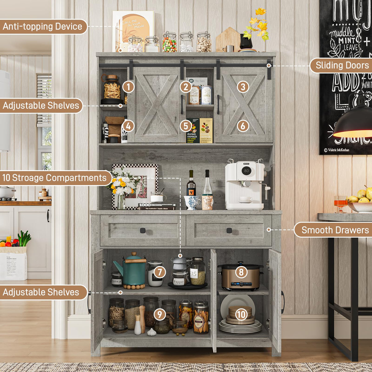 Befrases 67.7 Inch Farmhouse Pantry Storage Cabinet with Sliding Barn Doors, 2 Drawer Farmhouse Coffee Cabinet with Adjustable Shelf, Side Board with Buffet Cupboard Livingroom Kitchen, Grey