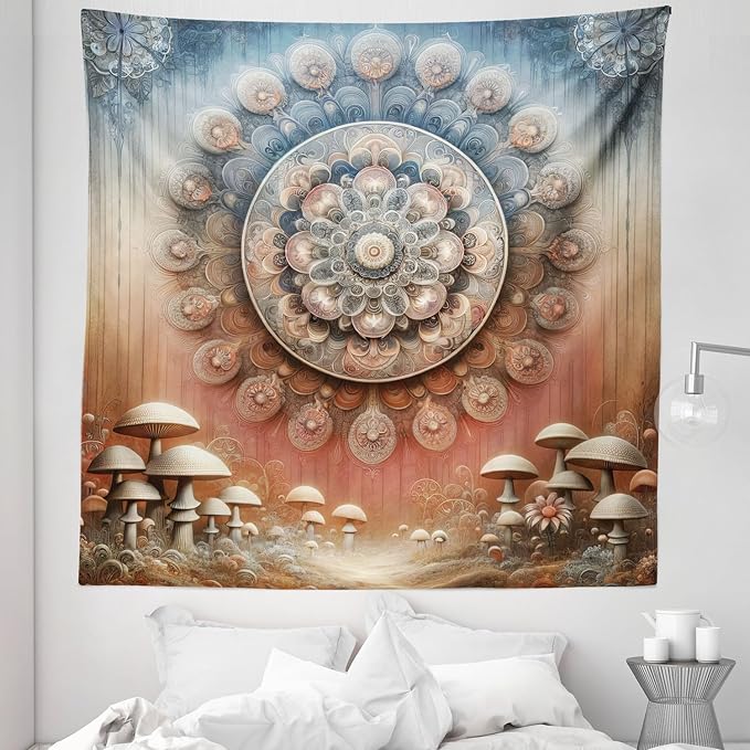 Ambesonne Hippie Tapestry Queen Size, Fantasy Vibes Mushroom Jungle with Oriental Vibes Mandal Print Peacock, Wall Hanging Bedspread Bed Cover Wall Decor, 88" X 88", Pale Ruby Blue Grey Ecru