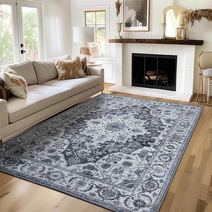 WILLSUN Washable Area Rugs, 4x6 Non-Slip Boho Large Area Rugs for Living Room, Bedroom, Machine Washable Vintage Rug, Indoor Floral Print Carpet for Home Decor, Kid & Pet Friendly Mat