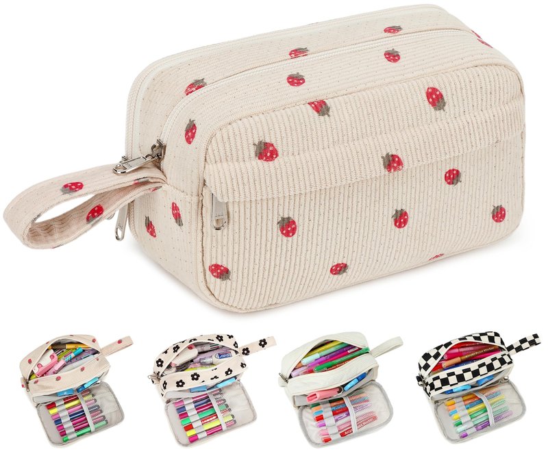 Bluboon Big Capacity Pencil Case Pencil Pouch Pen Case School Supplies Cute Pencil Box Pencil Bag for Teen Girls Boys Women Man (Strawberry Beige)
