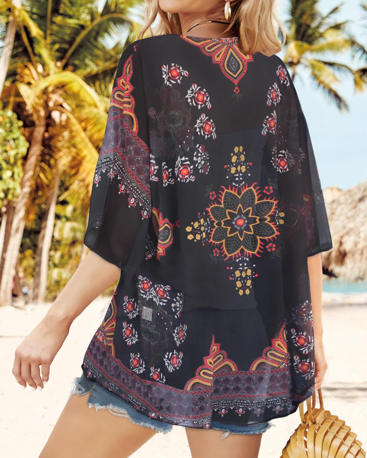 Women's Floral Kimono Cardigan Cover Up Casual Tops,Orange Black,M