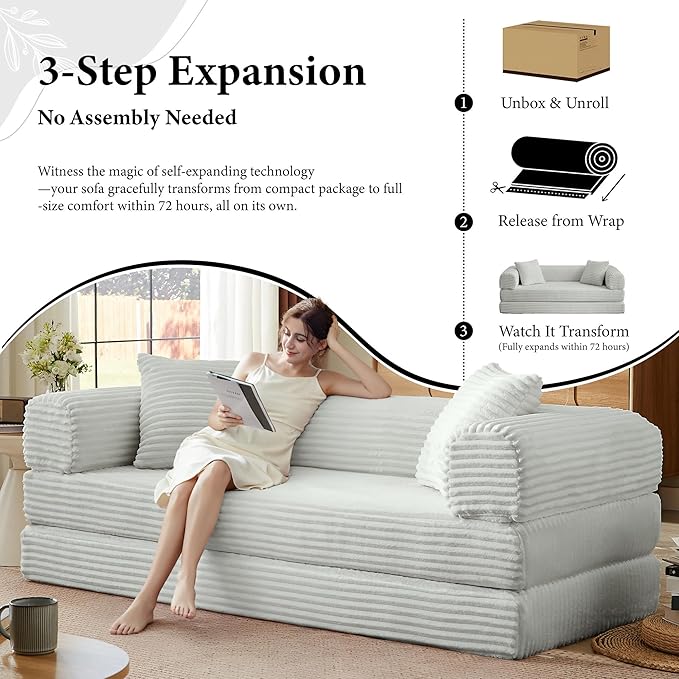 Boneless Couch Sofa Bed Sectional Couches for Living Room,Futon Cloud Couch with Sleeper Sofa,Sofas for Living Room Oversized Corduroy Upholstered (Light Grey)