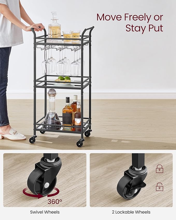 VASAGLE Bar Cart, Home Bar Serving Cart, Small Bar Serving Cart with 3-Tier Shelf, Wine Holders, Glass Holders, Mini Bar Cart for Small Spaces, Kitchen, Dining Room, Living Room, Ink Black