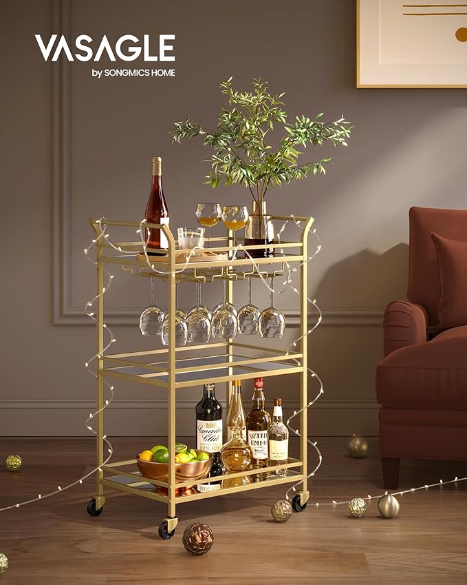 VASAGLE Bar Cart Gold, Small Home Bar Serving Cart with 3-Tier Mirrored Shelf, Wine Holders, Glass Holders, for Small Spaces, Kitchen, 15 x 23.6 x 36.2 Inches, Gold ULRC100A01