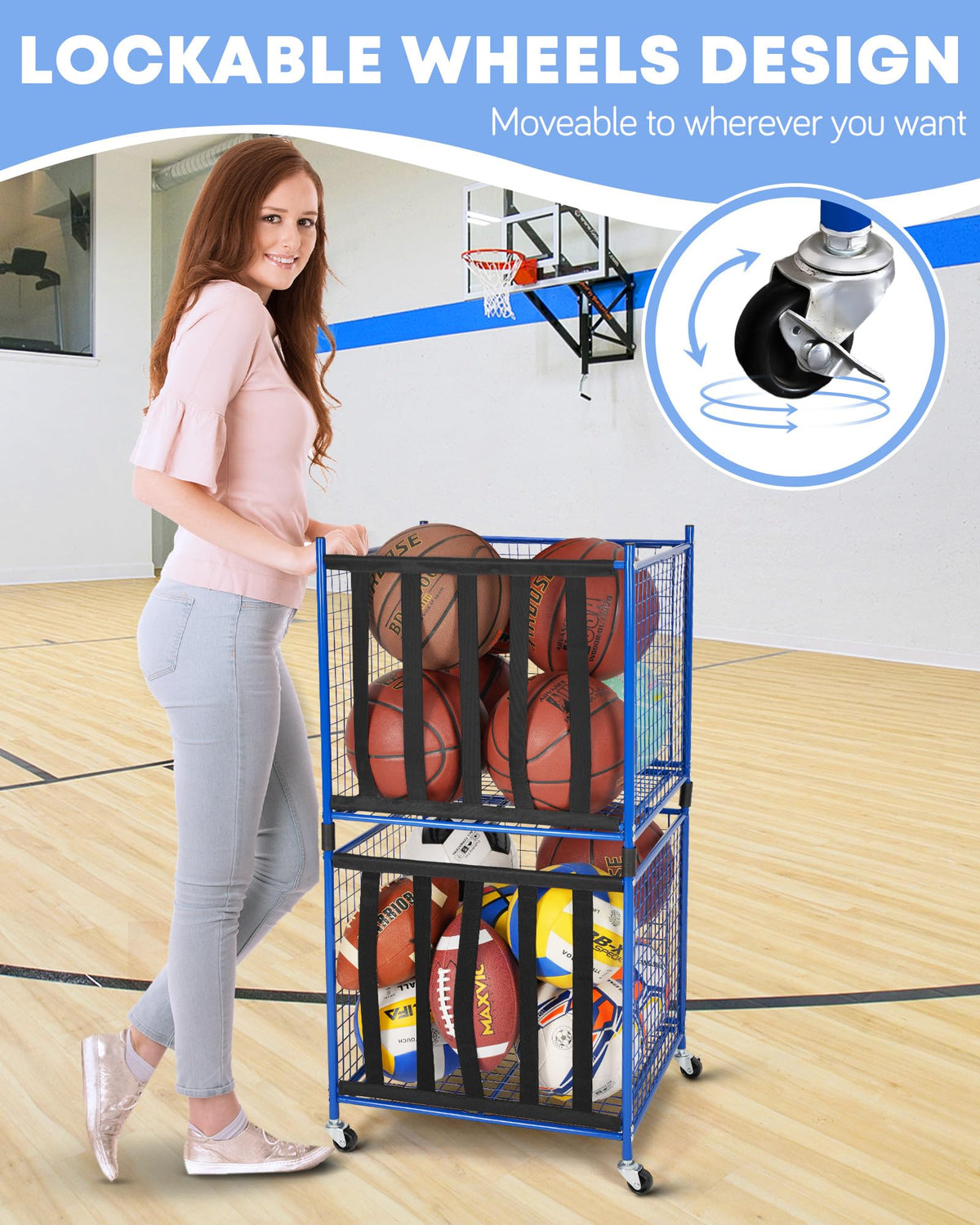 Mythinglogic Rolling Sports Ball Storage Cart, Sports Lockable Ball Storage Locker with Casters, Stackable Ball Cage for Garage Storage Garage Organizer (2 Pack Blue)