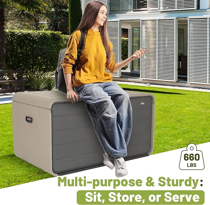 Resin Deck Box 160 Gallons, Large Heavy-Duty Outdoor Storage Box, Lockable & Waterproof Patio Outside Storage Box for Patio Furniture, Tools, Pool Supplies