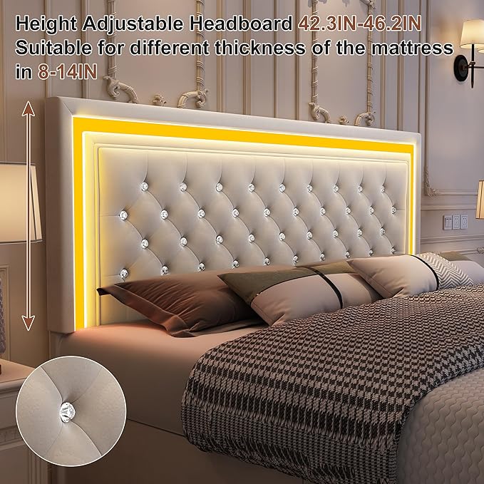 Full led Bed Frame, Bed with Storage Drawers, No Box Spring Needed, 900 lbs Capacity, Easy Assembly, Velvet Cream