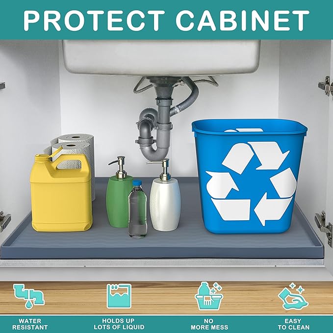 URMONA Waterproof Silicone Under Sink Mat 28'' x 19'' Shelf Liner for Kitchen and Bathroom, Cabinet and Counter Protector, Storage and Organizers, Litter Mat, Pet Cat Puppy Essentials(Black)