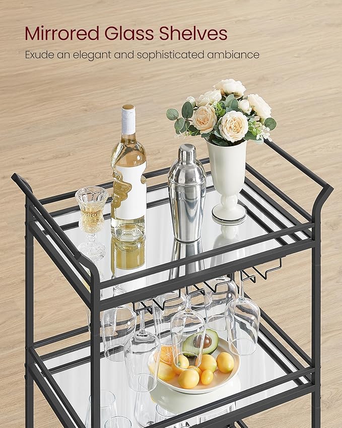 VASAGLE Bar Cart Black, Small Home Bar Serving Cart with 3-Tier Mirrored Shelf, Wine Holders, Glass Holders, for Small Spaces, Kitchen, 15 x 23.6 x 36.2 Inches, Black ULRC100B01