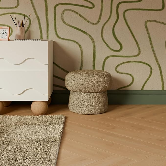 Babyletto Kids Mini Mushroom Pouf - Ottoman Foot Rest - Poofy Plush, Round Footrest Stool for Couch - GREENGUARD Certified Soft & Stuffed, Comfy Small Pouf Ottoman for Living Room/Nursery Floor, Latte