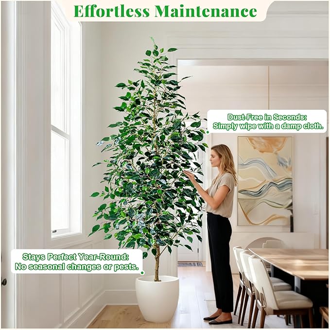 7FT Artificial Ficus Trees Indoor Faux Trees Indoor Fake Floor Plants Tall Artificial Tree with White Pot Faux Tree Fake Indoor Tree Silk Plants Artificial Trees for Home Decor Indoor