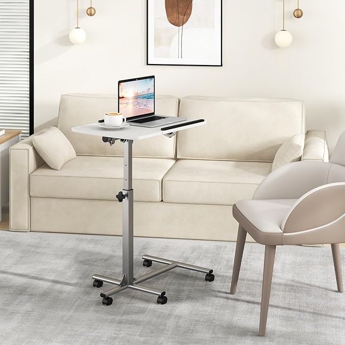 COSTWAY Rolling Laptop Stand, Mobile Laptop Tray and Cart with 45 °Degree Swivel Tilting Tabletop, Height Adjustable Mobile Podium from 24.5'' to 36'', Overbed Computer Table for Sofa, Bed (White)